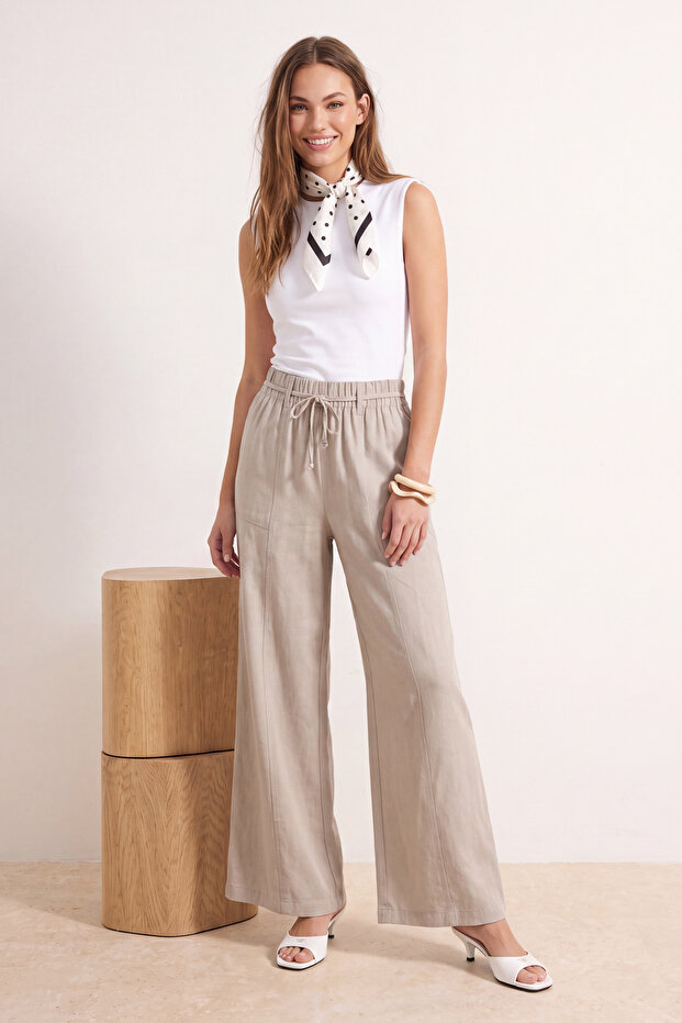 Bej Beli Lastikli Wide Leg/Geniş Paça Pantolon TWOSS25PL00123 - 2