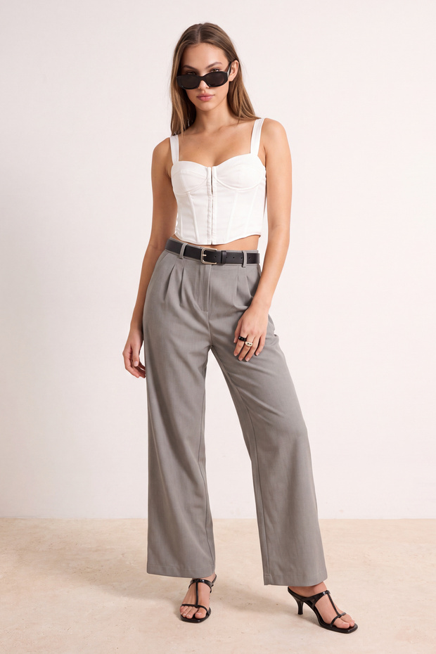 Açık Gri Wide Leg/Geniş Paça Pilili Dokuma Pantolon TWOAW22PL0475 - 2