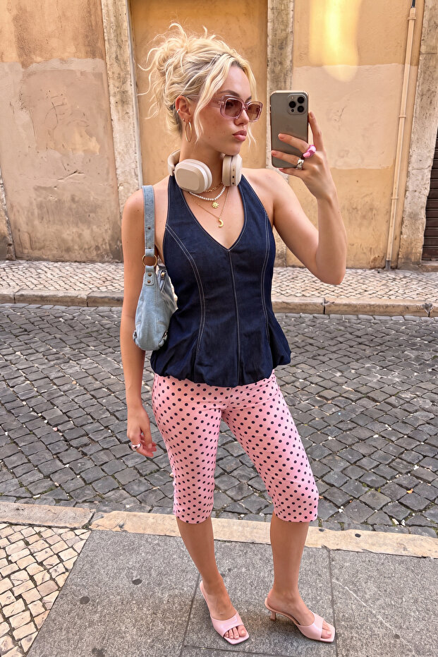 Koyu Mavi Halter Yaka Balon Denim Bluz TWOSS26BZ00705