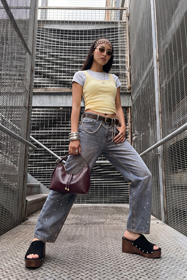 Limited Edition Mavi DÖKÜMLÜ Taş Detaylı Yüksek Bel Baggy Jeans TWOSS26JE00243 - 1