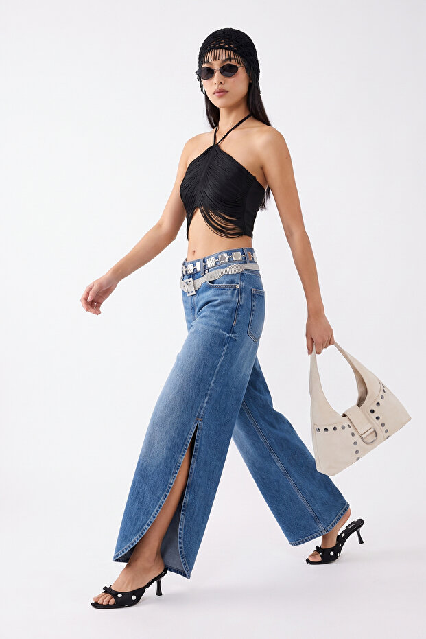 Siyah Crop Püskül Detaylı Dokuma Bluz TPRAW24BZ00082 - 6
