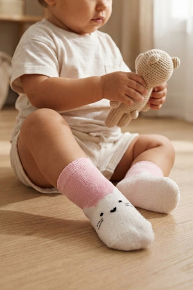 Cat Patterned Baby Socks Pink