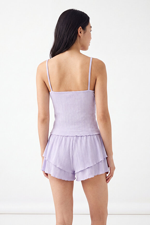 Lila Fitilli Fırfırlı İp Askılı Örme Pijama Takımı THMSS26PT00156 - 4