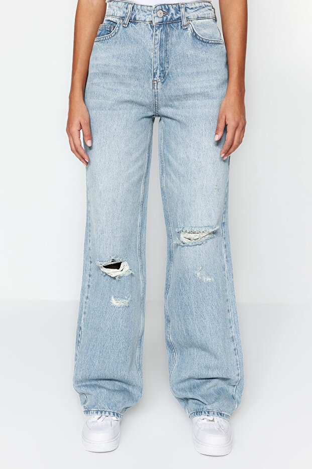 Mavi Soluk Ekfekt Vintage Yırtık Detaylı Düşük Bel Wide Leg Jeans TWOSS23JE00102 - 4
