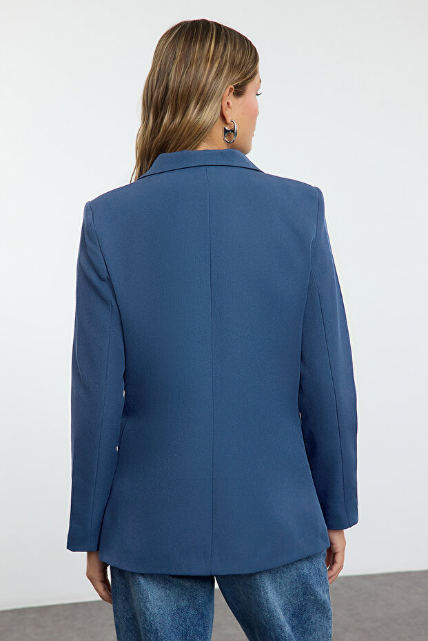 Indigo Regular Astarlı Kruvaze Kapama Dokuma Blazer Ceket TWOAW21CE0264 - 5