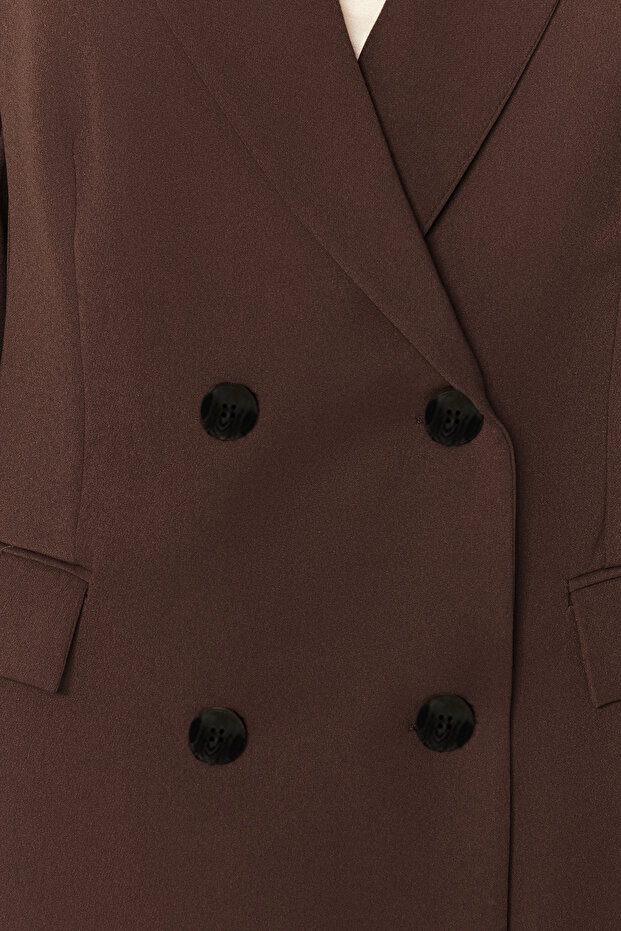 Koyu Kahverengi Astarlı Kruvaze Kapama Dokuma Blazer Ceket TWOAW21CE0145 - 7