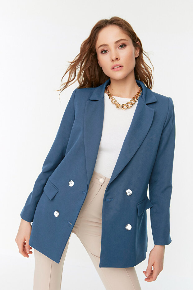 Indigo Regular Astarlı Kruvaze Kapama Dokuma Blazer Ceket TWOAW21CE0264 - 6