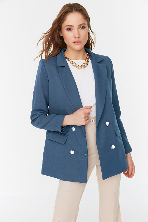 Indigo Regular Astarlı Kruvaze Kapama Dokuma Blazer Ceket TWOAW21CE0264 - 9