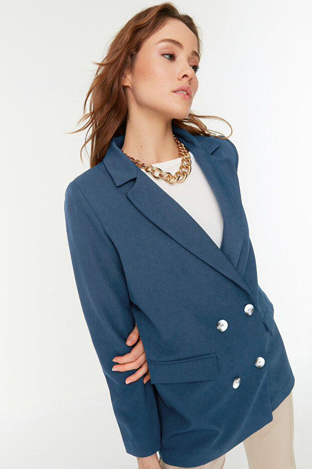 Indigo Regular Astarlı Kruvaze Kapama Dokuma Blazer Ceket TWOAW21CE0264 - 8