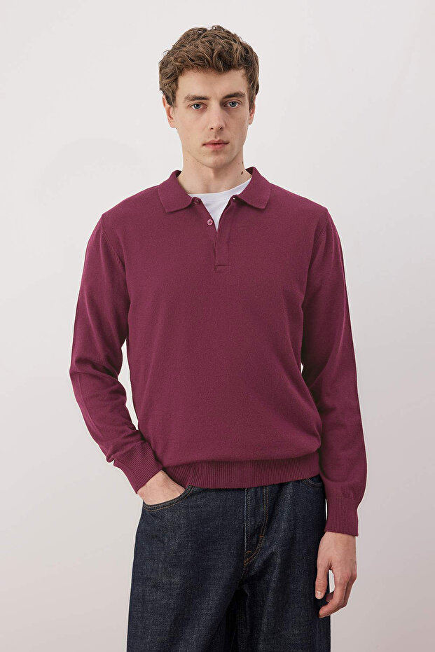Bordo Regular Polo Yaka Yün Karışımlı Kazak TMNAW26KZ00009