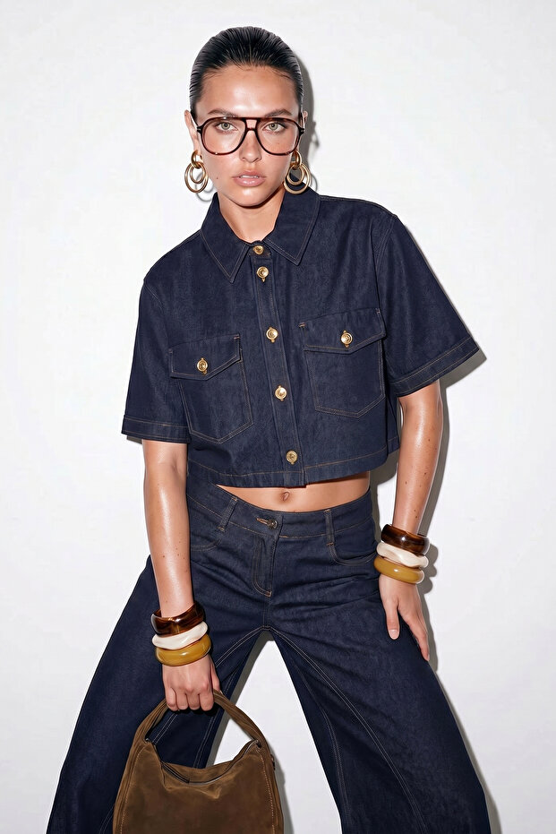 Navy Blue Shirt Collar Front Buttoned Crop Seasonal Slim Jacket Tdrss26Ce00016