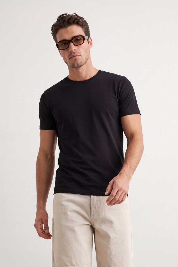 Unisex Siyah 3'lü Paket Siyah Slim/Dar Kesim Bisiklet Yaka Basic %100 Pamuklu T-Shirt TMNSS19BO0007 - 2