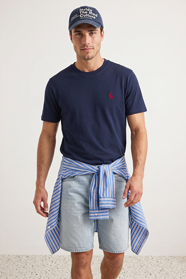 Lacivert Regular/Normal Kesim At Nakış Detaylı %100 Pamuklu T-Shirt TMNSS24TS00056 - 1