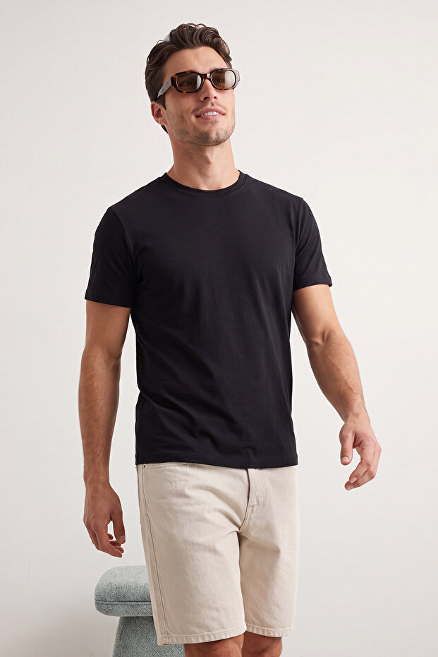 Unisex Siyah 3'lü Paket Siyah Slim/Dar Kesim Bisiklet Yaka Basic %100 Pamuklu T-Shirt TMNSS19BO0007 - 3