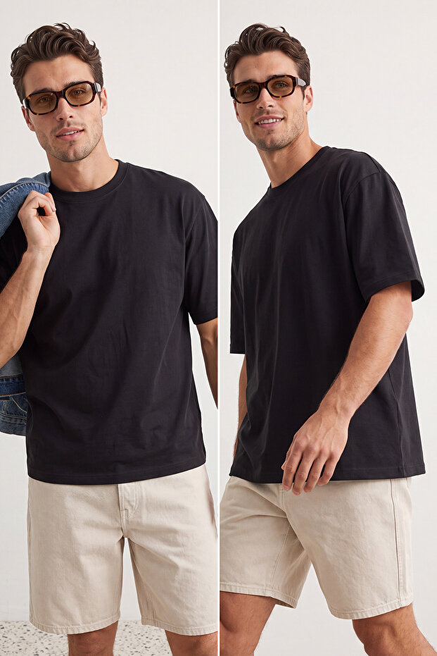 Unisex Siyah-Siyah Oversize 2'li Paket Basic %100 Pamuklu T-Shirt TMNSS24TS00038 - 1