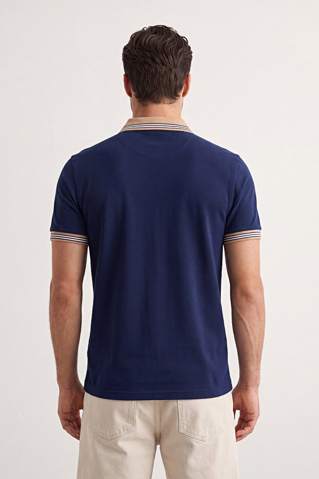 Lacivert-Beyaz 2'li Paket Slim/Dar Kesim Geyik Nakışlı %100 Pamuklu Polo Yaka T-Shirt TMNSS24PO00031 - 6