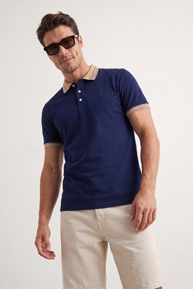 Lacivert-Beyaz 2'li Paket Slim/Dar Kesim Geyik Nakışlı %100 Pamuklu Polo Yaka T-Shirt TMNSS24PO00031 - 5
