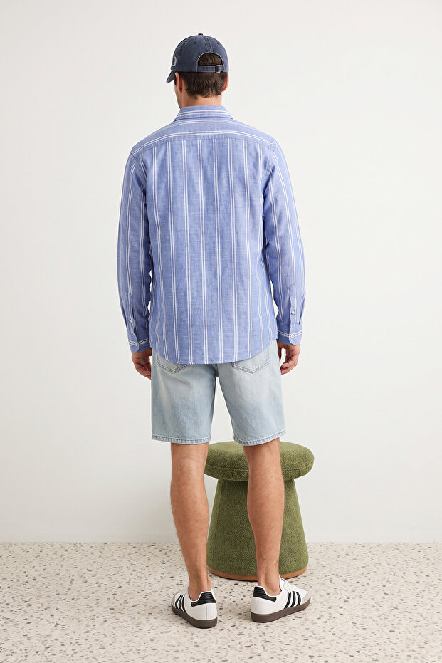 Mavi Slim Fit Düğmeli Yaka İnce Çizgili Gömlek TMNSS20GO0092 - 4