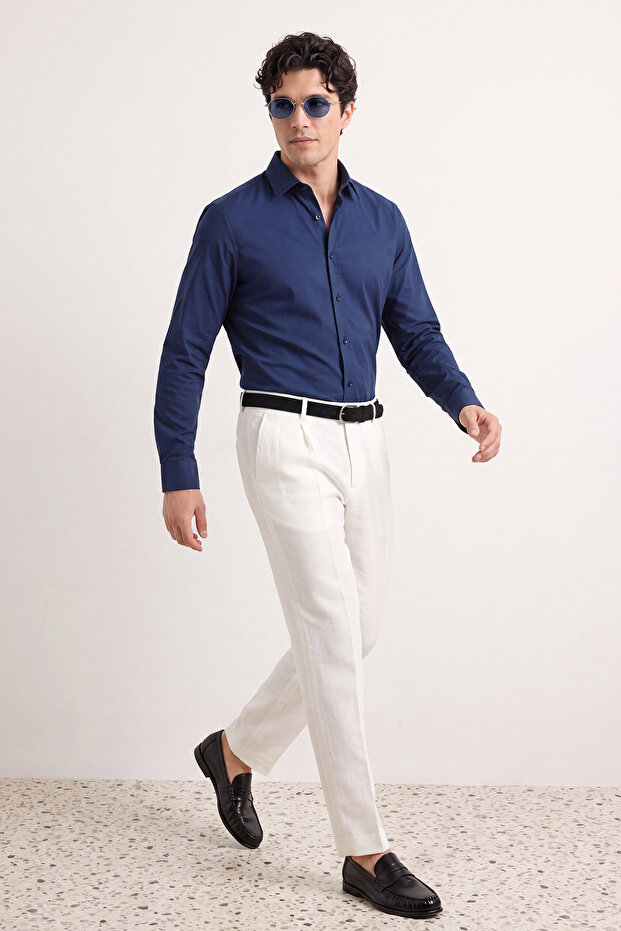 Lacivert Slim Fit Kolay Ütülenebilir Smart Erkek Gömlek TMNAW24GO00096 - 3