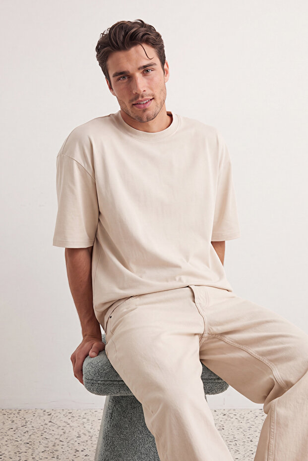 Kahverengi-Taş Oversize 2'li Paket Basic %100 Pamuklu T-Shirt TMNSS24TS00038 - 4