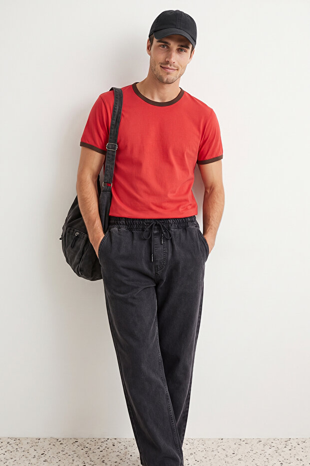 Siyah %100 Pamuk Regular Fit Beli Lastikli Jeans Bol Kot Pantolon TMNAW24JE00025 - 3