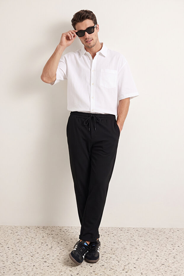 Siyah Beli Lastikli Slim Fit Duble Paça Kumaş Pantolon TMNAW21PL0107 - 3