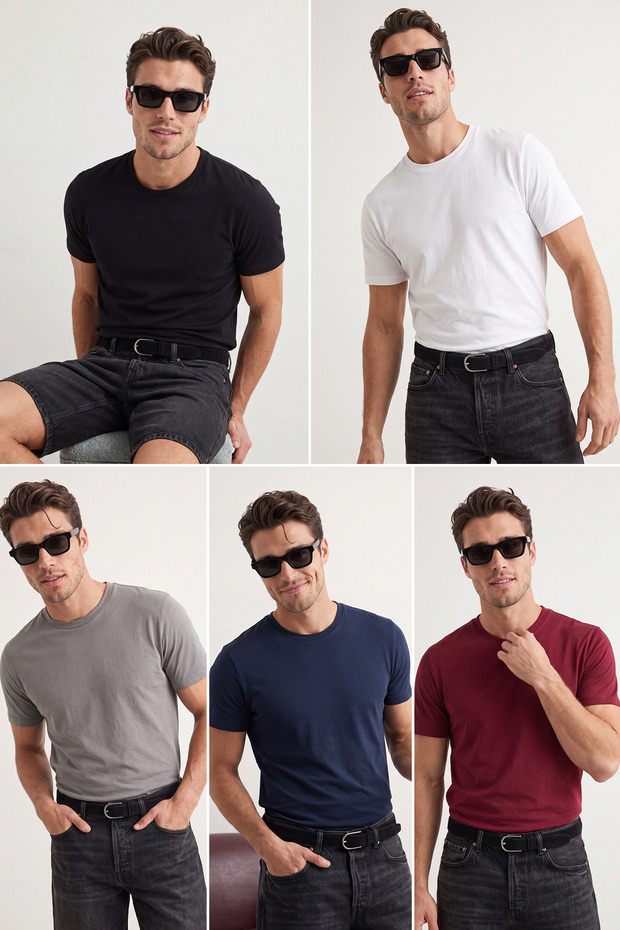 Siyah-Beyaz-Antrasit-Bordo -Lacivert Slim/Dar 5'li Basic %100 Pamuklu T-shirt TMNAW20TS0243 - 1