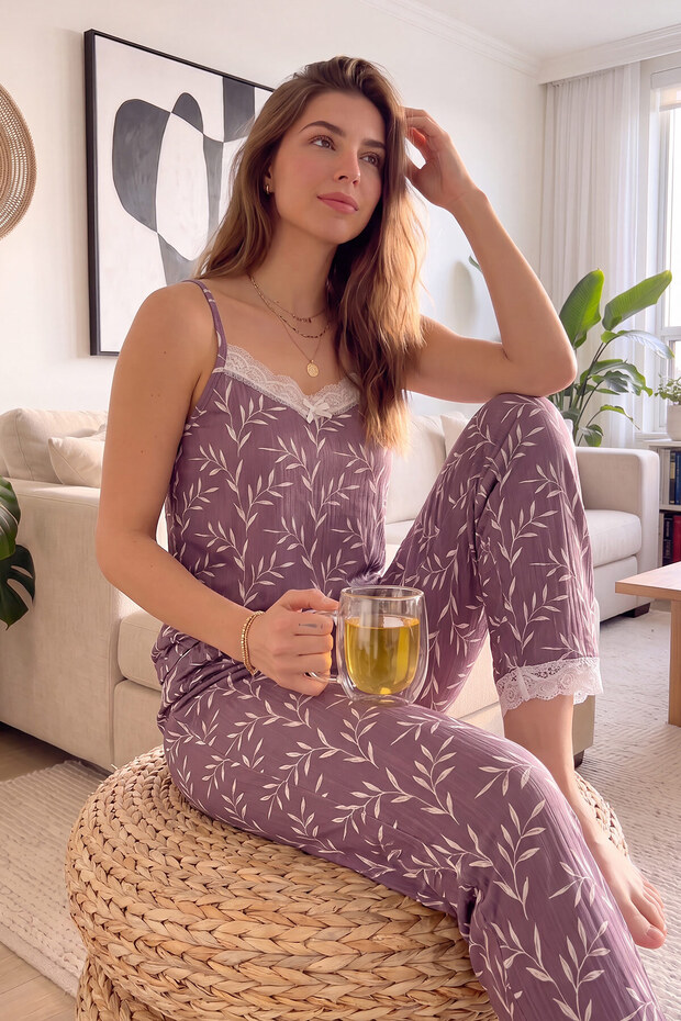 Purple Olive Branch Lace Rope Strap Knitted Women's Pajama Set