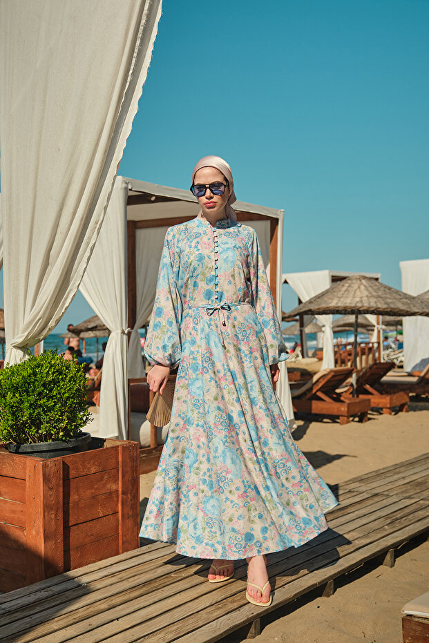 Women's Floral Patterned Buttoned and Waist-Tied Dress Blue
