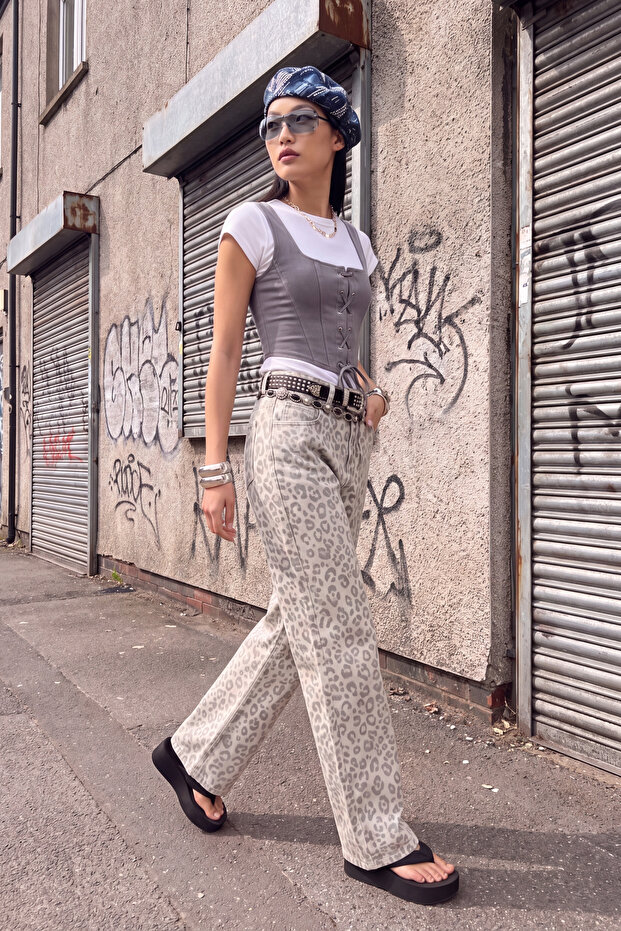 Çok Renkli Normal Bel Leopar Desenli Wide Leg %100 Pamuk Non-Stretch Jeans TWOAW26JE00024 - 1