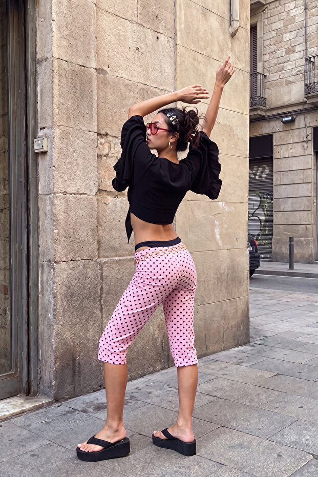 Siyah Dokuma Volanlı Plaj Crop Bluz TBESS19BB0095 - 3
