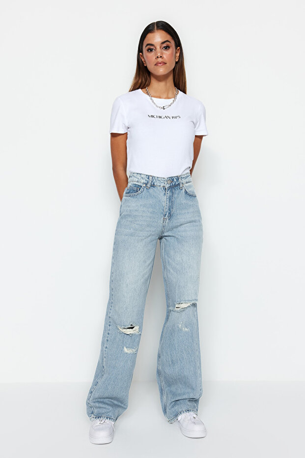 Mavi Soluk Ekfekt Vintage Yırtık Detaylı Düşük Bel Wide Leg Jeans TWOSS23JE00102 - 2