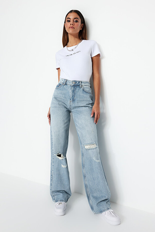 Mavi Soluk Ekfekt Vintage Yırtık Detaylı Düşük Bel Wide Leg Jeans TWOSS23JE00102 - 1