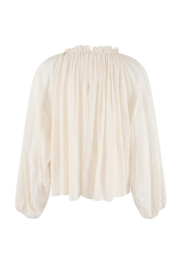 Açık Sarı Yakası Büzgülü Püsküllü Dikişli Oversize Hafif Transparan Bluz TWOSS26BZ00652 - 4