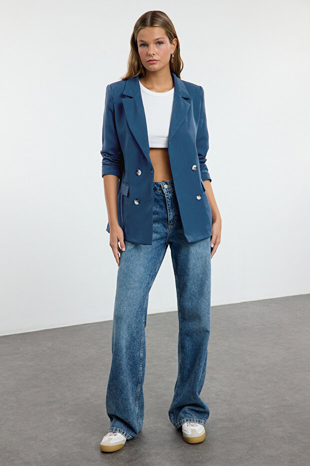 Indigo Regular Astarlı Kruvaze Kapama Dokuma Blazer Ceket TWOAW21CE0264 - 3