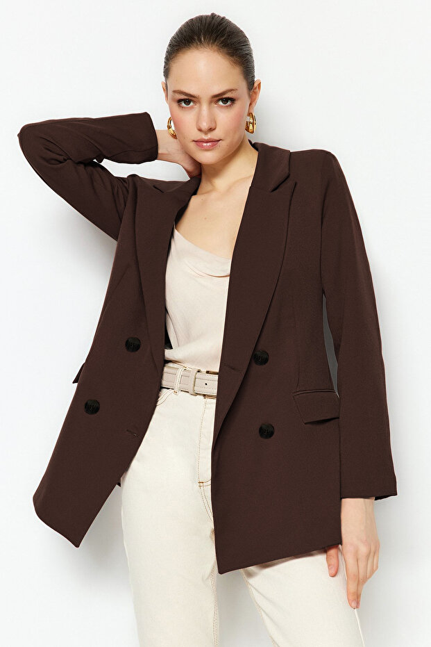 Koyu Kahverengi Astarlı Kruvaze Kapama Dokuma Blazer Ceket TWOAW21CE0145 - 5