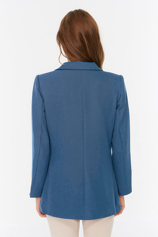 Indigo Regular Astarlı Kruvaze Kapama Dokuma Blazer Ceket TWOAW21CE0264 - 7