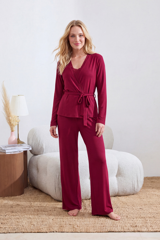Bordo 3'lü Dantelli Viskon Örme Pijama Takımı THMSS26PT00056