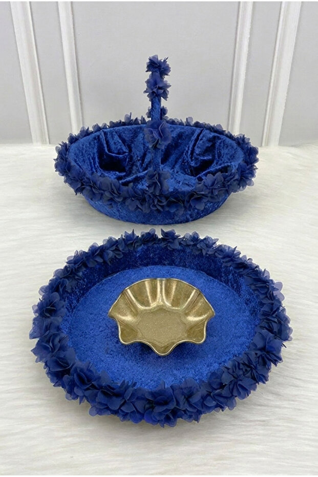 Cobalt Blue Bridal Henna Night Tray and Basket, Wedding, Circumcision, Engagement, Velvet Three-Dimensional Laser Flowered