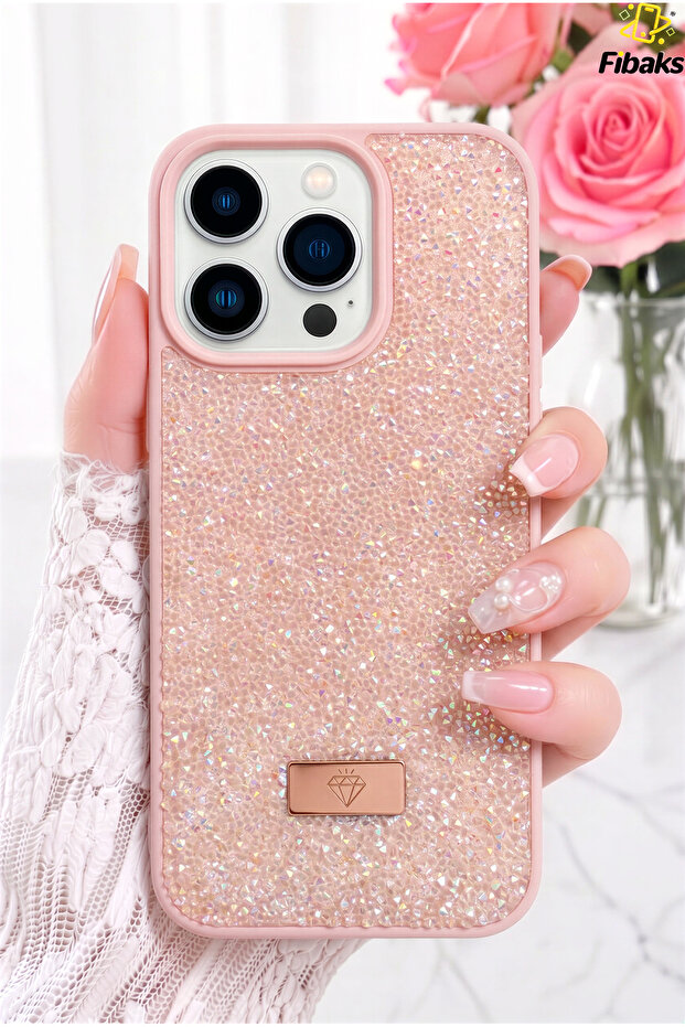 iPhone 15 Pro Max Case with Velvet Diamond Design and Pink Stones, Sparkling Diamond Silicone Cover