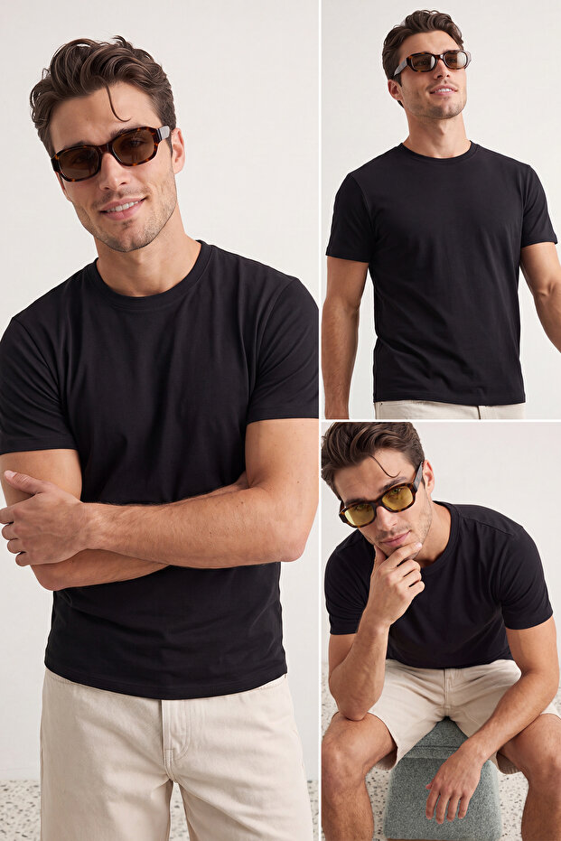Unisex Siyah 3'lü Paket Siyah Slim/Dar Kesim Bisiklet Yaka Basic %100 Pamuklu T-Shirt TMNSS19BO0007 - 1