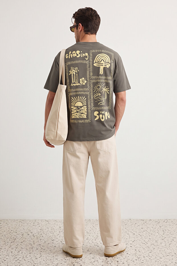Haki Unisex Oversize/Geniş Kesim Baskılı %100 Pamuk T-Shirt TMNSS25TS00031 - 1