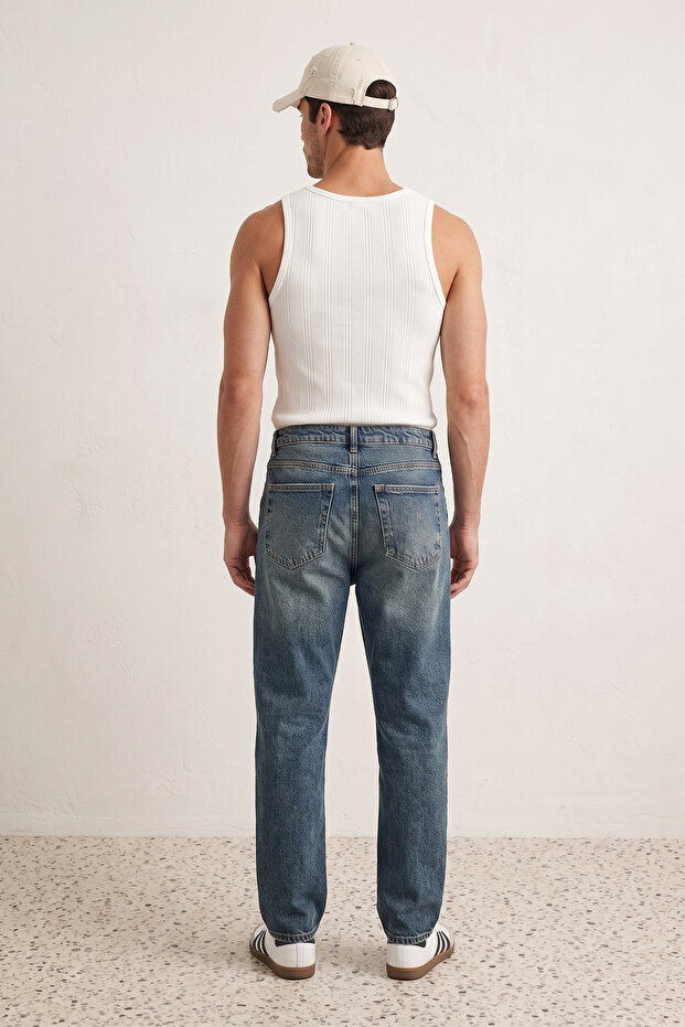 Lacivert Eskitme Efectli Baggy/90's Straight Fit Jeans Bol Kot Pantolon TMNSS24JE00012 - 4