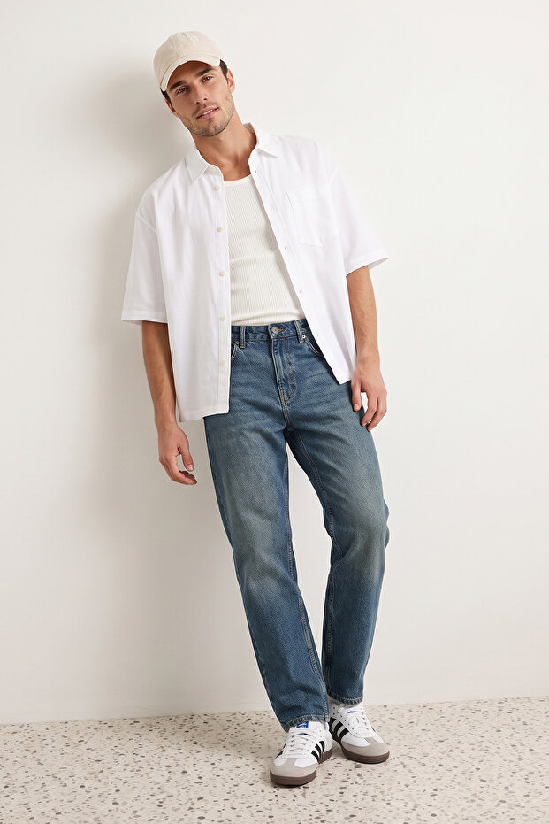 Lacivert Eskitme Efectli Baggy/90's Straight Fit Jeans Bol Kot Pantolon TMNSS24JE00012 - 1