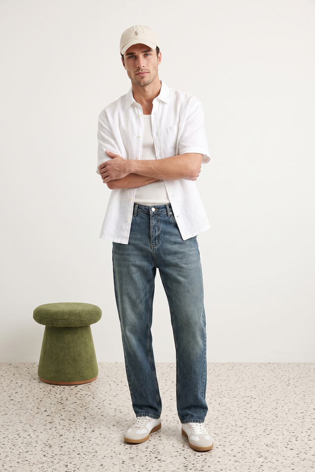Lacivert Eskitme Efectli Baggy/90's Straight Fit Jeans Bol Kot Pantolon TMNSS24JE00012 - 3