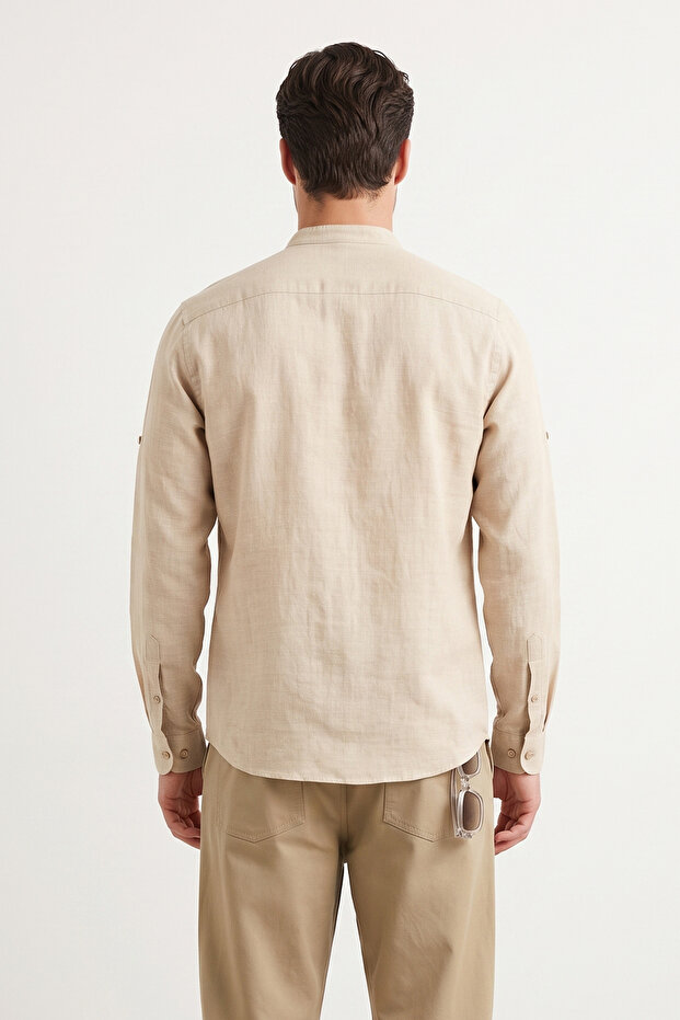 Taş Slim Fit Hakim Yaka Rahat Keten Görünümlü Gömlek TMNSS24GO00031 - 4