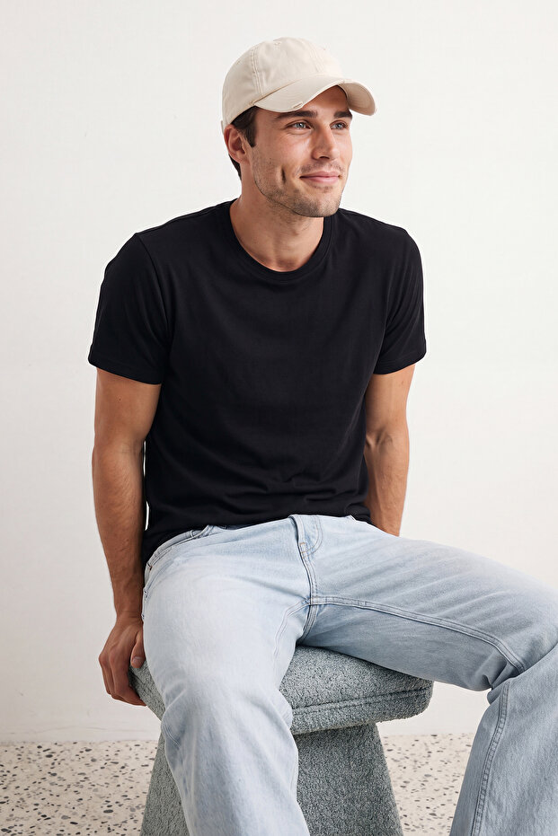 Unisex Siyah-Taş-Koyu Yeşil Slim/Dar Bisiklet Yaka Basic %100 Pamuk 3'lü Paket T-Shirt TMNSS19BO0007 - 4
