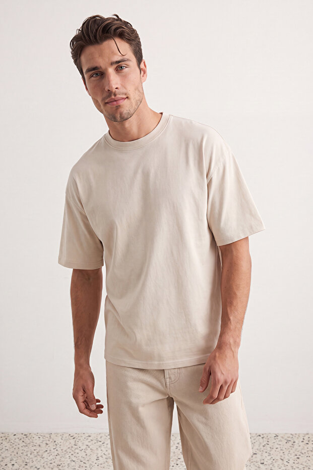 Kahverengi-Taş Oversize 2'li Paket Basic %100 Pamuklu T-Shirt TMNSS24TS00038 - 2