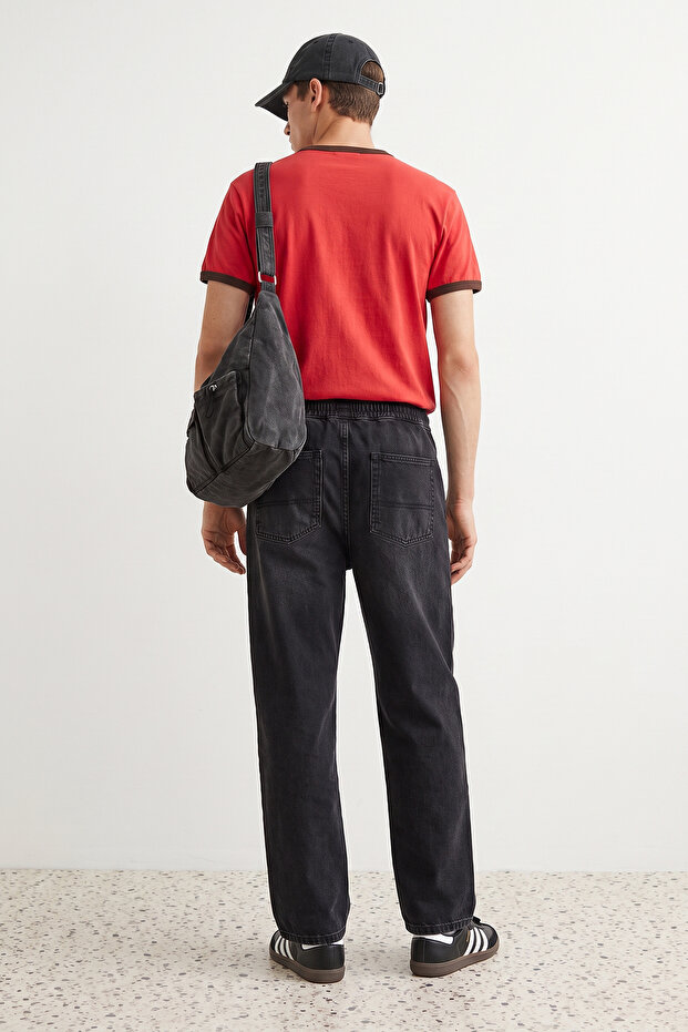 Siyah %100 Pamuk Regular Fit Beli Lastikli Jeans Bol Kot Pantolon TMNAW24JE00025 - 5