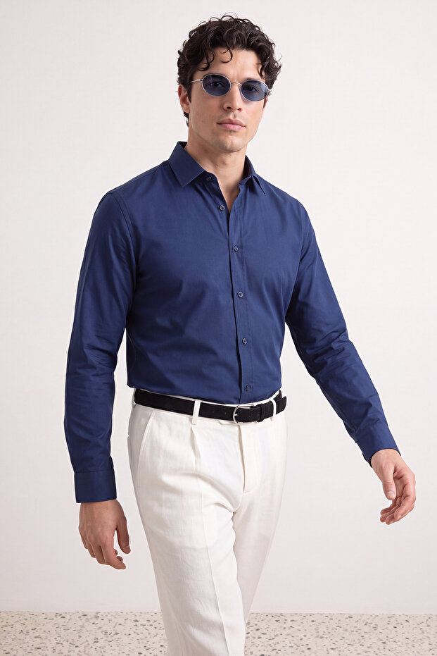 Lacivert Slim Fit Kolay Ütülenebilir Smart Erkek Gömlek TMNAW24GO00096 - 2